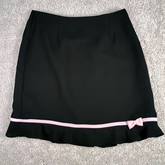 Michelle Antonelli Dresses & Skirts - Vintage Y2K Michele Black Mini Skirt Pink Bow Trim Ruffle Hem Coquette Petite 8P
